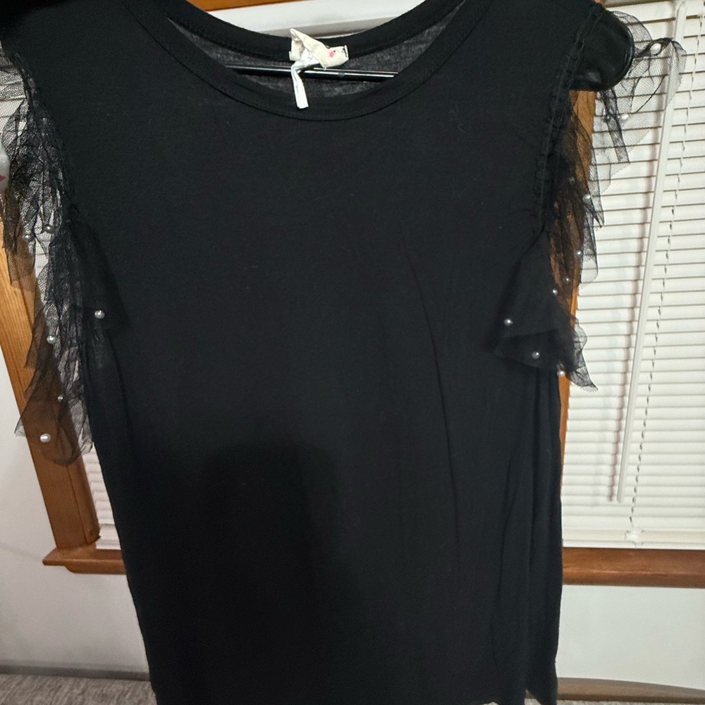 BiBi Black Top with Sheer Ruffle Sleeves